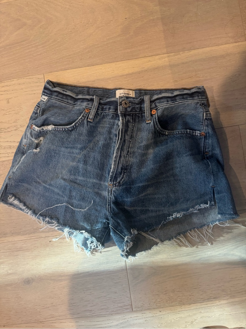 Citizens Of Humanity Washed Dark Blue Distressed Denim Cutoff Shorts
